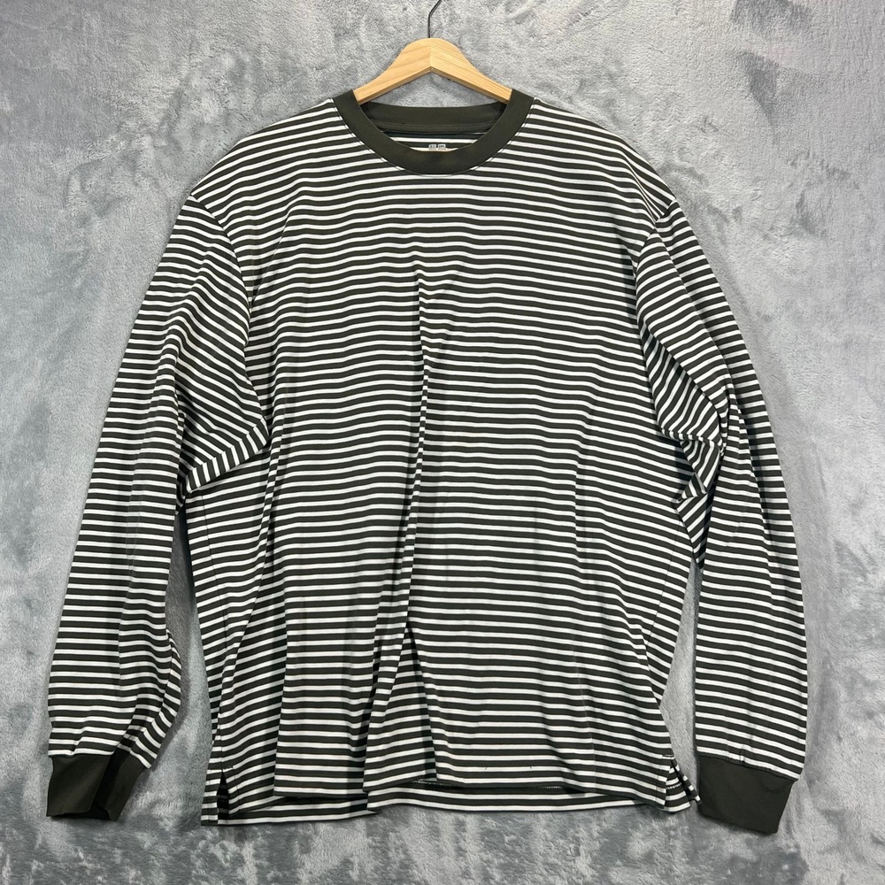 UNIQLO Airism Striped Long Sleeve T Shirt Mens XL Olive Green Casual Basic